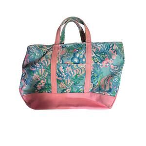 Lilly Pulitzer Printed Canvas Tote Bag Pink Blue Floral